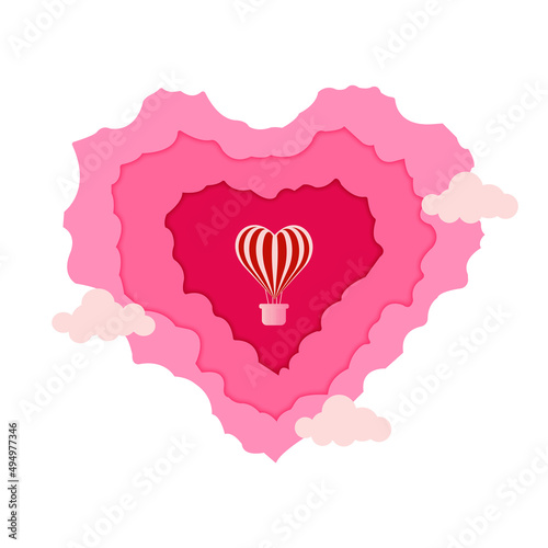 postcard for February 14. A heart in the style of cut paper in red, pink and crimson colors in the center with a balloon in the form of a heart and cloud . 3D style.Concept love.Vector illustration