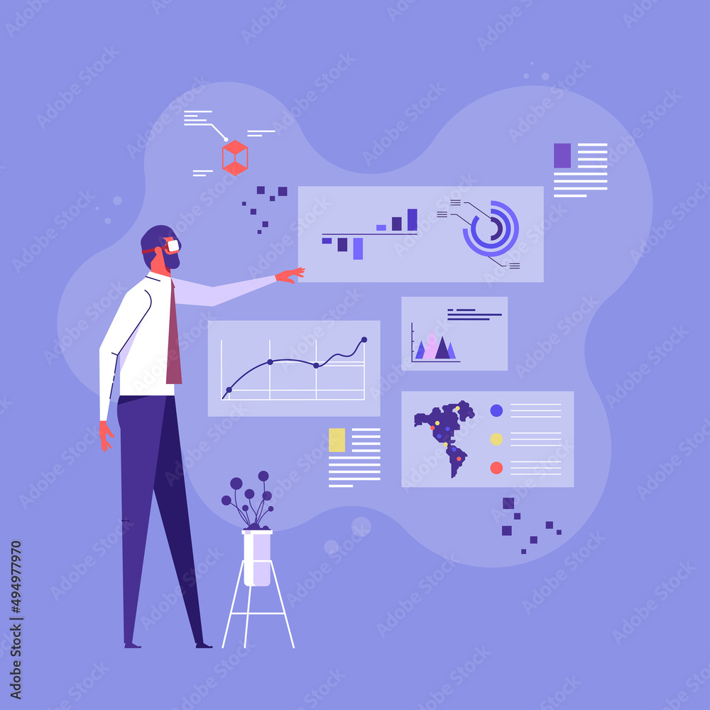 © treety - Businessman wearing virtual reality headset and analysis the business financial graph. Business and technology concept © treety - Businessman wearing virtual reality headset and analysis the business financial graph. Business and technology concept