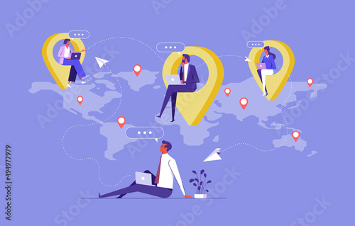 People from all over the world, remote job or distance work concept, businessman working remotely with computer laptop on location map pin photo
