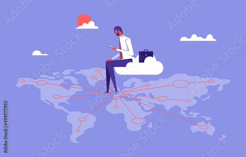 Business man building his connections via smart phone which help him connect to his partners and etc, worldwide, internet connection and global communication concept