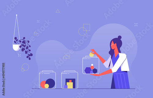 Woman do tasks distribution metaphor. Sorting geometric figures in jars. Successful self time management, workforce process optimization, productivity, workflow management concepts