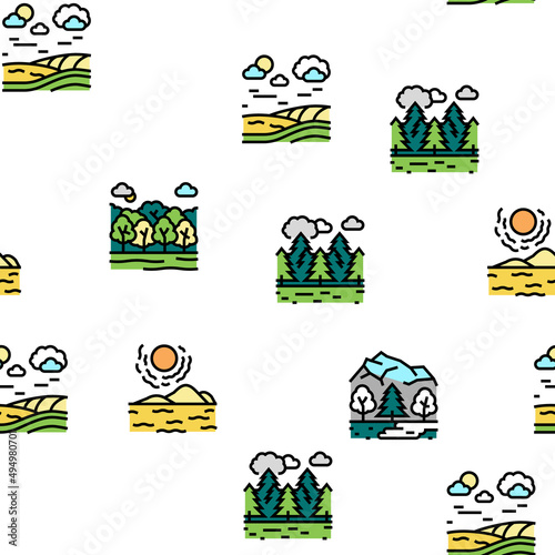 Land Scape Nature Vector Seamless Pattern Thin Line Illustration