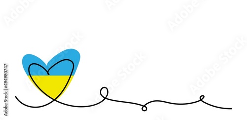 Ukrainian flag in heart shape vector background, banner, poster. One continuous line art drawing vector illustration. Ukrainian flag background