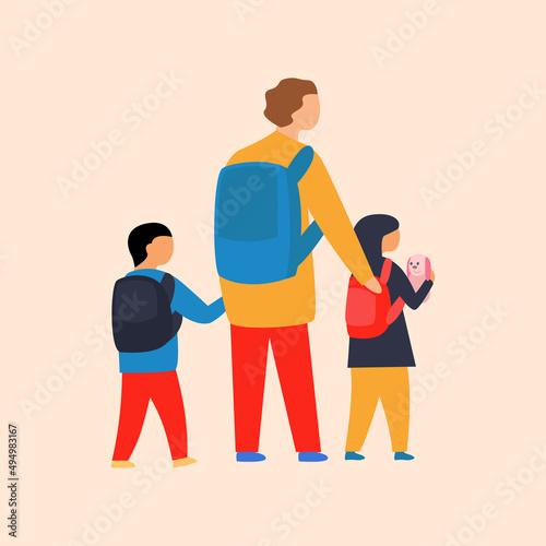 Refugees women with children are resettled from a country where there is a war. Mom with son and daughter are dressed in multi-colored clothes and carry backpacks. Flat vector.