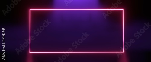Glowing red frame in purple fog. Neon rectangle with digital laser glow 3d render. Futuristic synthwave marketing billboard with colorful dark gradient