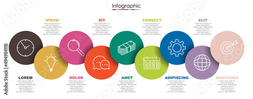 Vector infographic template with nine steps or options. Illustration presentation with thin line elements icons.  Business concept graphic design can be used for web, paper brochure, diagram