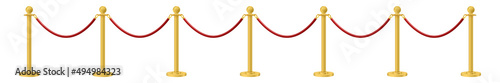 Retractable belt rack. Portable tape barrier. Red carpet with red ropes on golden stanchions. Exclusive event, movie premiere, gala, ceremony, awards concept. Vector