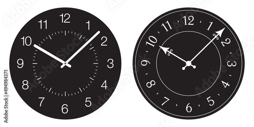 Set of black watch dials isolated on white background. Retro and classical watch face with numbers and arrows, vector illustration.