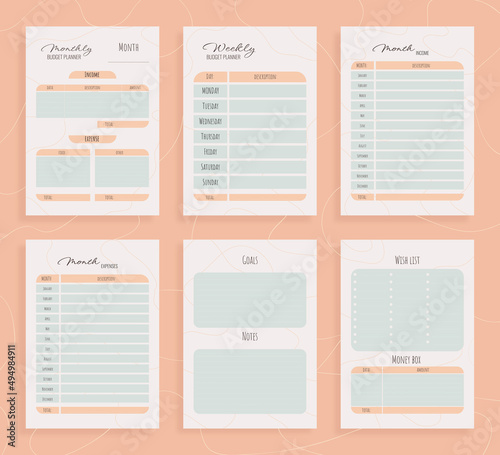 Monthly, weekly, daily budget planner. Organizer financial templates set. Wishlist for shops. Checklists, important date and notes. 
