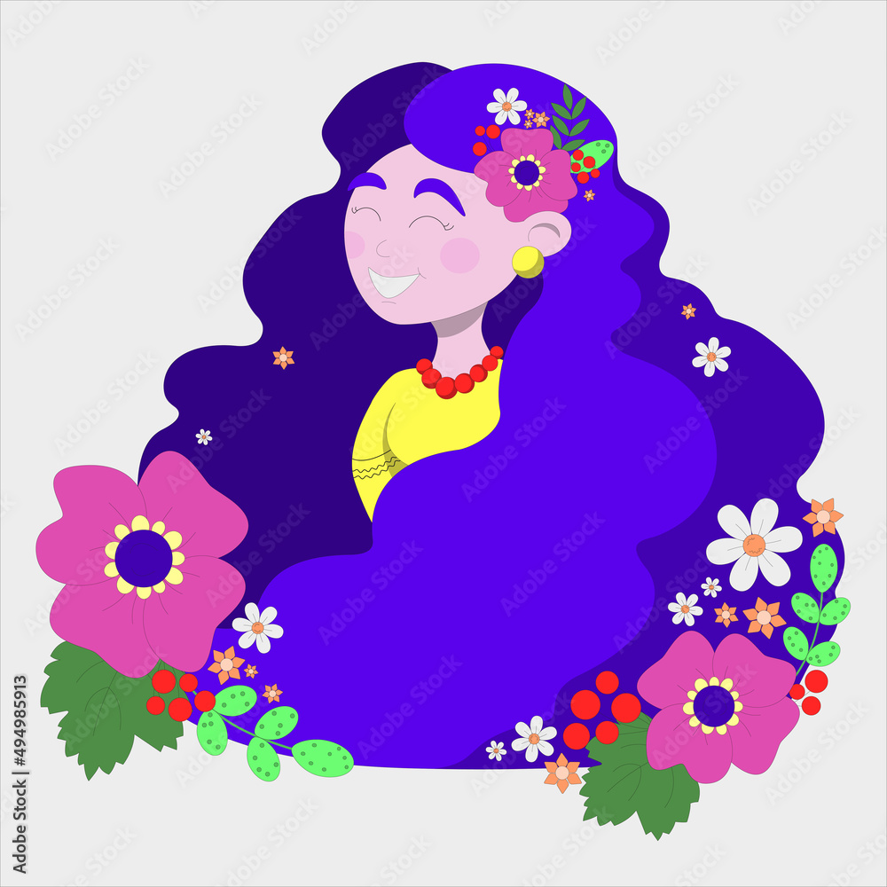 spring girl in vyshyvanka and with flowers in her hair flat vector illustration