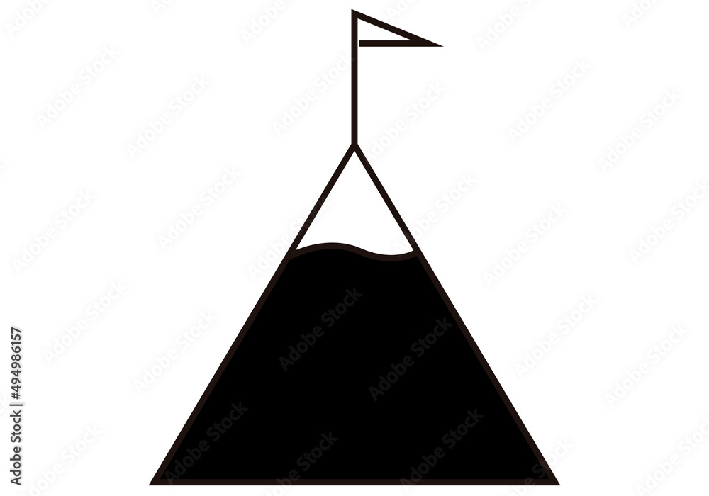 Icono negro de montaña con bandera de objetivo.  - obrazy, fototapety, plakaty 