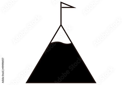 Icono negro de montaña con bandera de objetivo. 