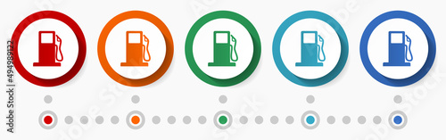 Fuel, oil, station concept vector icon set, flat design colorful buttons, infographic template in 5 color options