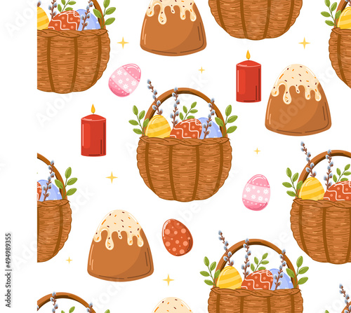 Hand drawn Easter seamless pattern with ester eggs, Easter cake, candles, willow and blooming branch. Spring background, wrapping paper, wallpaper, texture, digital paper. Vector illustration