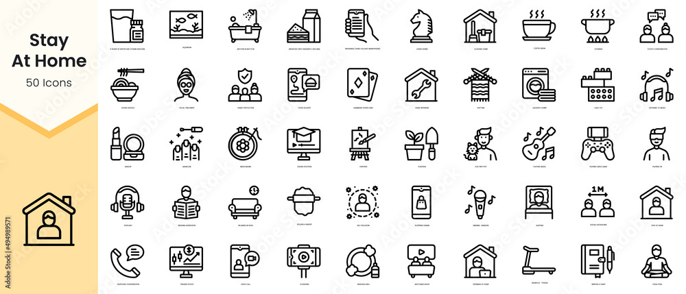 Set of stay at home icons. Simple line art style icons pack. Vector illustration