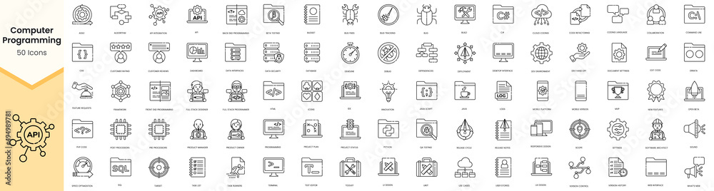 Set of computer programming icons. Simple line art style icons pack ...