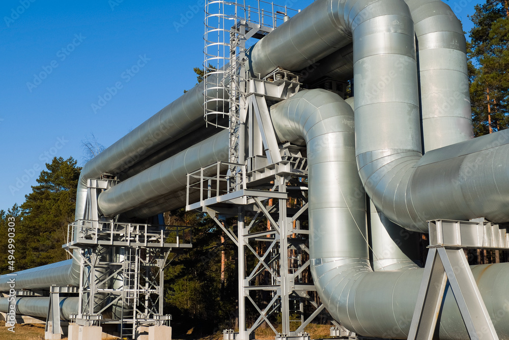 pipeline, in the photo pipeline close-up against a background of green forest and blue sky.