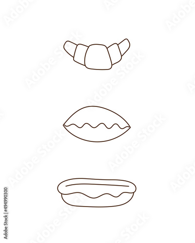 Bakery collection pie, croissant and eclair doodle outline illustration