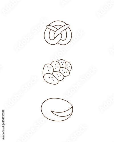 Bakery collection pretzel, brioche doodle outline illustration