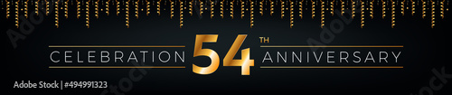 54th anniversary. Fifty-four years birthday celebration horizontal banner with bright golden color.