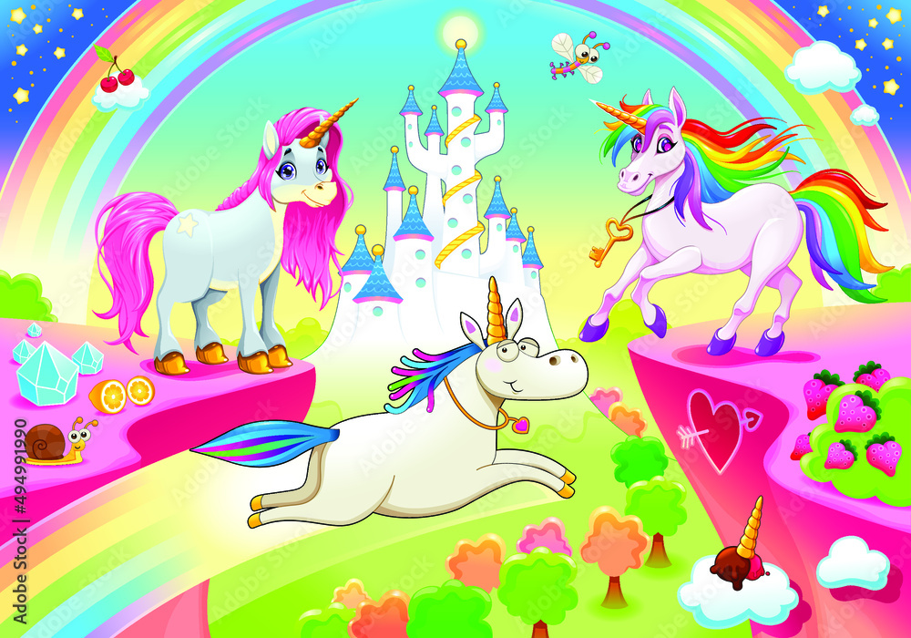 Naklejka premium Rainbow 3 Unicorn in a Fantasy with traditional themes