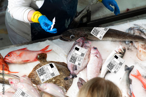 fishing supermarket and  fishes with labels with qr code  to show information on origin, type, specie, etc photo