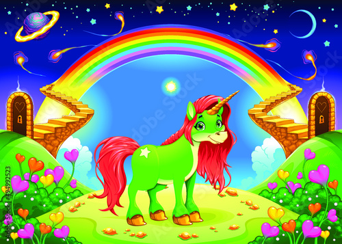 Rainbow Unicorn in a Fantasy with Golden Stairs traditional themes