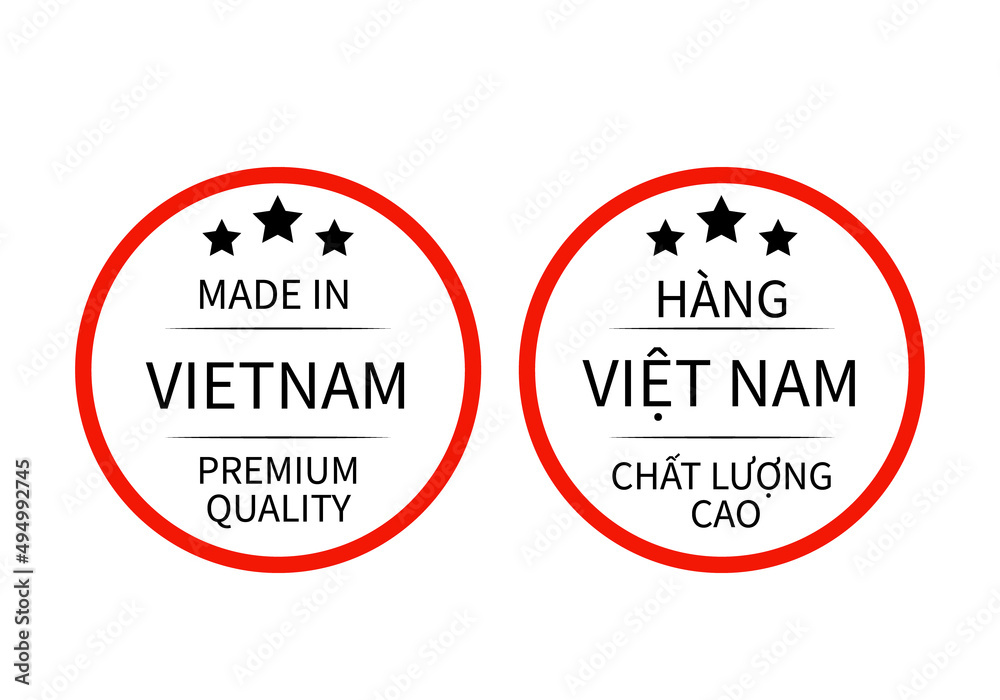 Made in Vietnam round labels in English and in Vietnamese languages. Quality mark vector icon