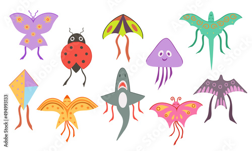 Kites set, summer flying toy for kids in shape butterfly, ladybug, shark, dragon, bird. Vector Illustration for backgrounds, greeting cards, posters and seasonal design. Isolated on white background.