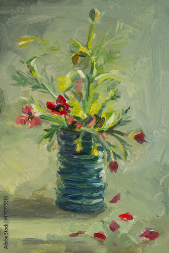 Wallpaper Mural Flowers vase oil painting. A red-brown floral sketch, a quick sketch from nature. Oil sketch on cardboard. The concept of a sunny summer, congratulations, educational still life. Art Day postcard Torontodigital.ca