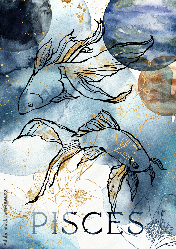 Watercolor poster of zodiak sign pisces. Hand painted abstract card ...