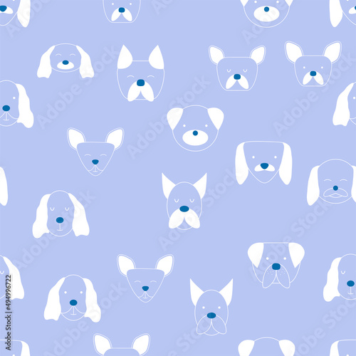 Seamless baby pattern with dog animal muzzles. Monochrome on a colored background.