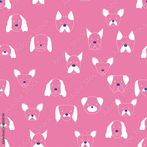Seamless baby pattern with dog animal muzzles. Monochrome on a colored background.