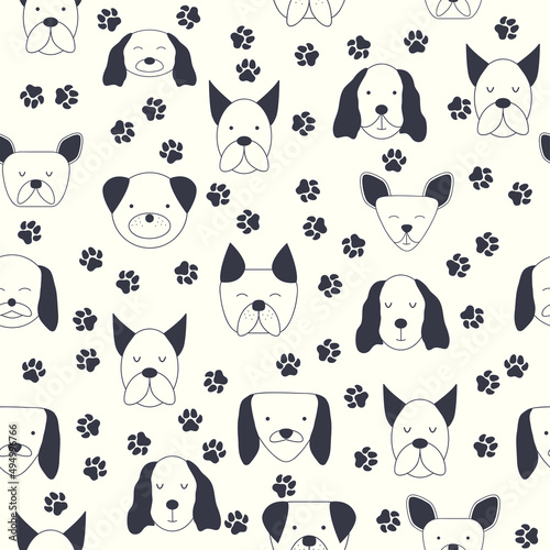 Seamless baby pattern with dog animal muzzles. Monochrome on a colored background.