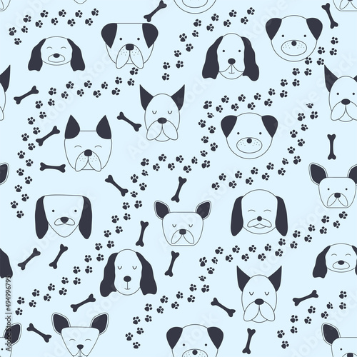 Seamless baby pattern with dog animal muzzles. Monochrome on a colored background.