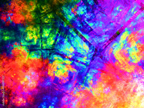 Imagen de arte digital psicodélico compuesto de una rejilla irregular negra y manchas de colores vivos formando una especie de vista aérea de fugas gaseosas.