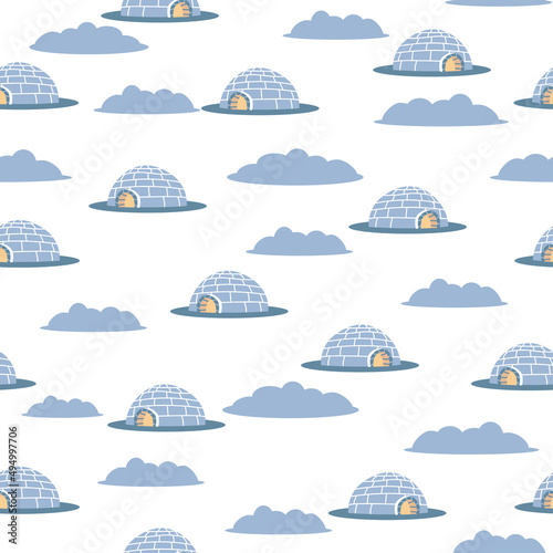 Seamless pattern of blue igloo. White winter background. Hand drawing icehouse. Eskimo house. Winter card.