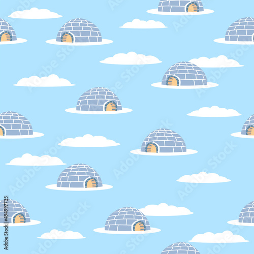 Seamless pattern of blue igloo. White winter background. Hand drawing icehouse. Eskimo house. Winter card.