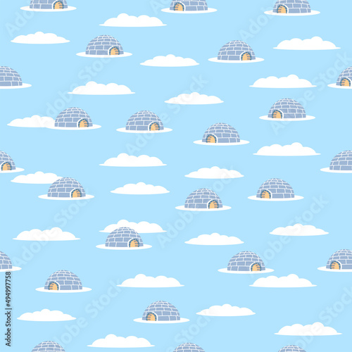Seamless pattern of blue igloo. White winter background. Hand drawing icehouse. Eskimo house. Winter card.
