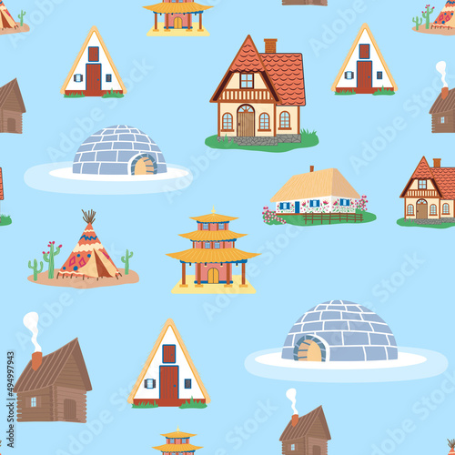 Seamless pattern with Traditional buildings of different countries set, houses from around the world