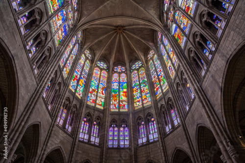 PARIS, FRANCE - JUNE 16, 2011: The Stained Glass of Saint Denis cathedral.
