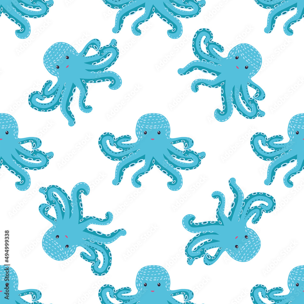 Obraz premium Seamless pattern with cute octopus, seaweed and pearl. Trendy nursery background