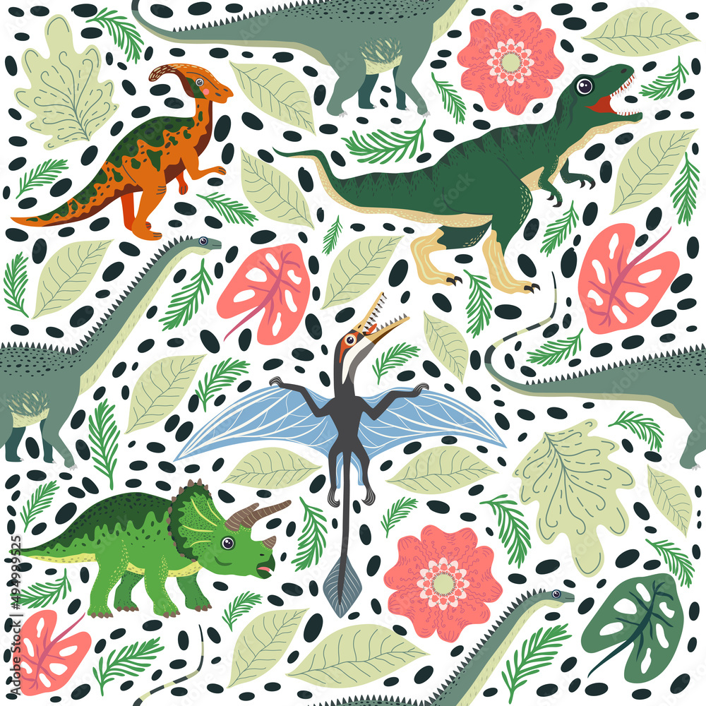 Obraz premium Hand drawn seamless pattern with dinosaurs and tropical leaves and flowers. Cute dino design.