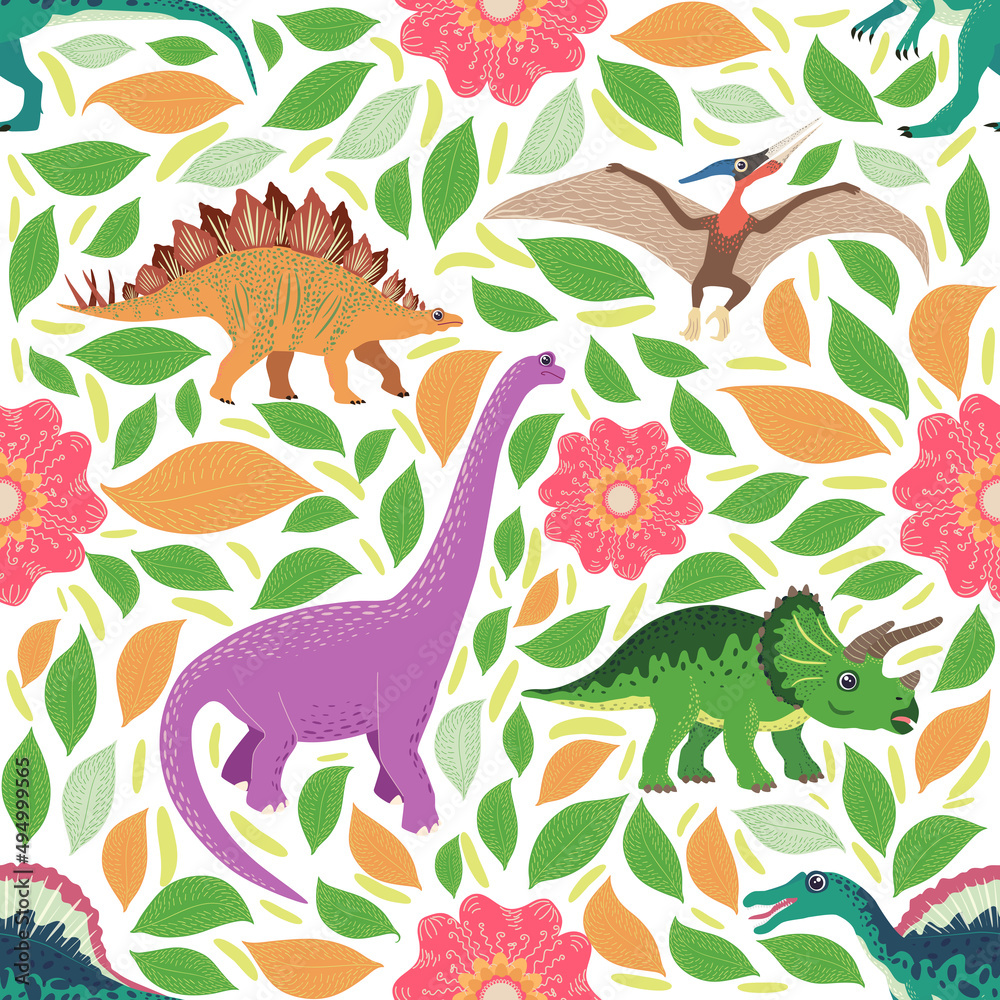 Obraz premium Hand drawn seamless pattern with dinosaurs and tropical leaves and flowers. Cute dino design.