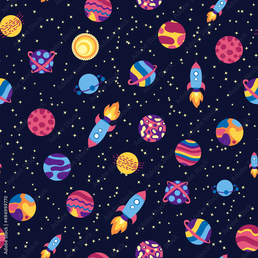 Seamless space pattern. Planets, rockets and stars. Cartoon spaceship. Childish background. Hand drawn Seamless space pattern. Planets, rockets and stars. Cartoon spaceship. Childish background. Hand drawn
