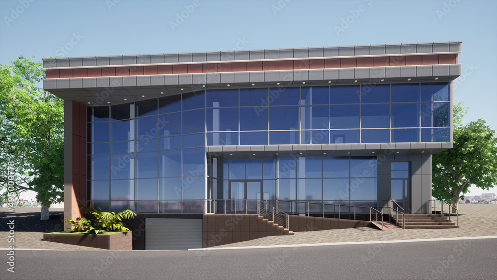 Shop building project, modern office. 3d graphics. Architectural visualization.	