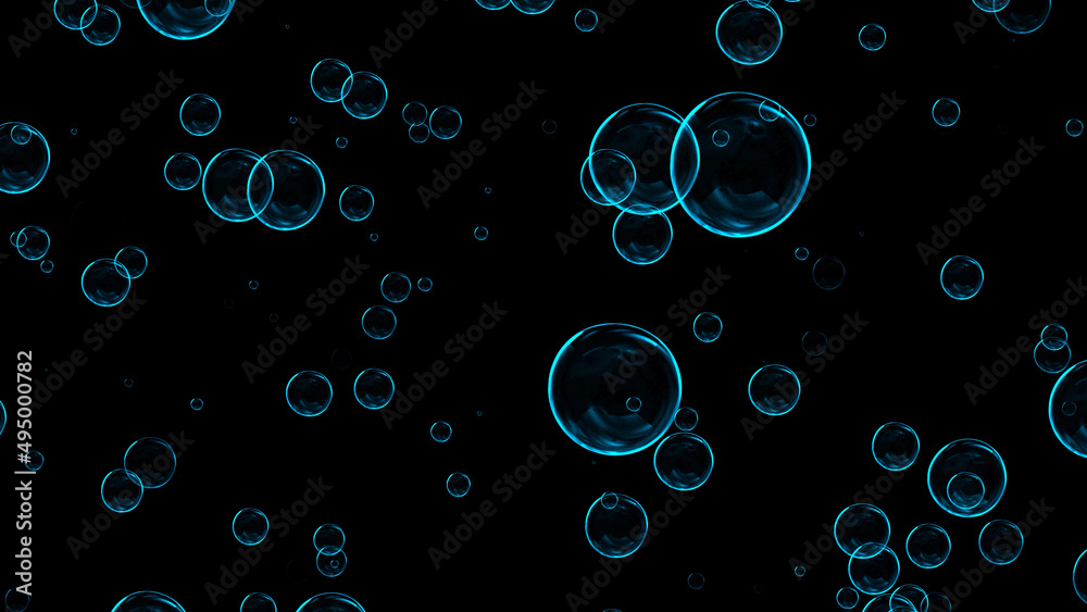 water bubbles neon blue glowing on dark background