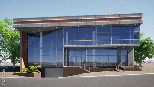 Shop building project, modern office. 3d graphics. Architectural visualization.	