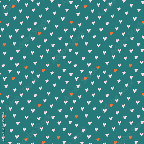 Beautiful seamless pattern with pink and red hearts repeated on dark background. Abstract vector illustration. Cute print for fabric, wallpaper, scrapbook and wrapping paper.