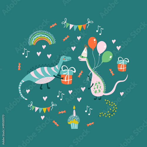 Cute vector collection with dinosaurs.  Happy Birthday theme. Colorful hand drawn illustrations for kids party decorations, cards, invitations.